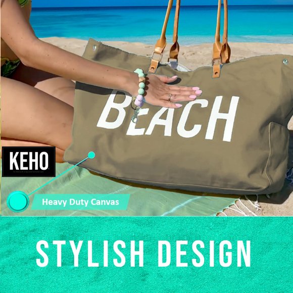 KEHO "Beach Vibes" Large Beach Bag/Tote (Tan) - Picture 4 of 10
